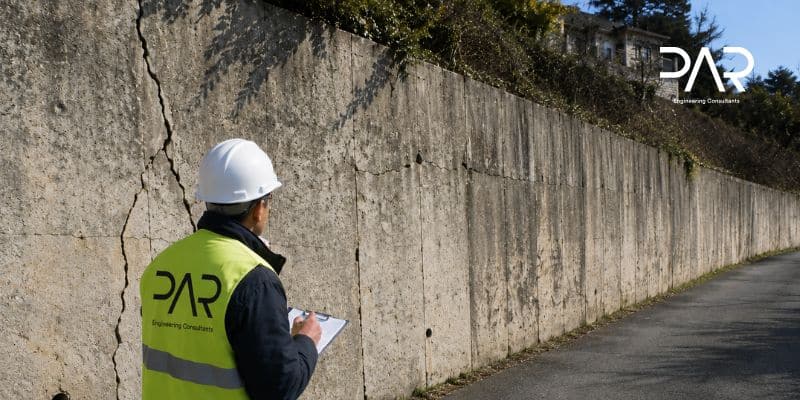 Peritagens estruturais: rigor técnico na avaliação de estruturas existentes Observação técnica de muro de contenção com fissuras visíveis